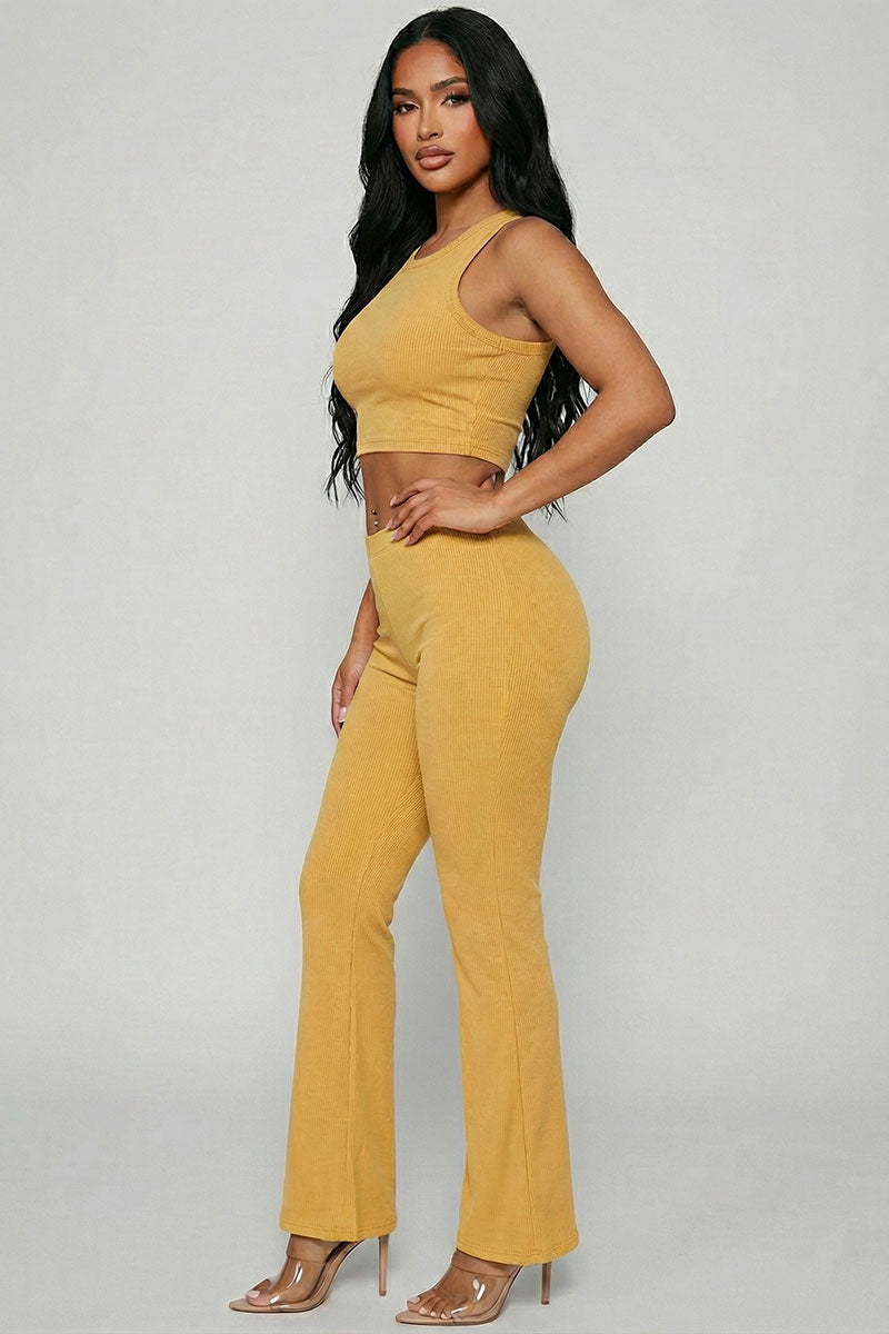 Ribbed Sleeveless Crop Top & Flared Pants Set
