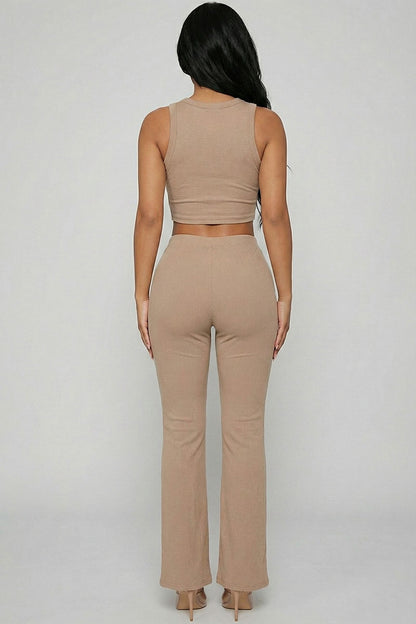 Ribbed Sleeveless Crop Top & Flared Pants Set