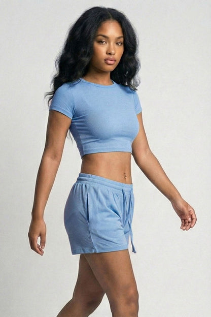 Ribbed Knit Drawstring Lounge Shorts Set