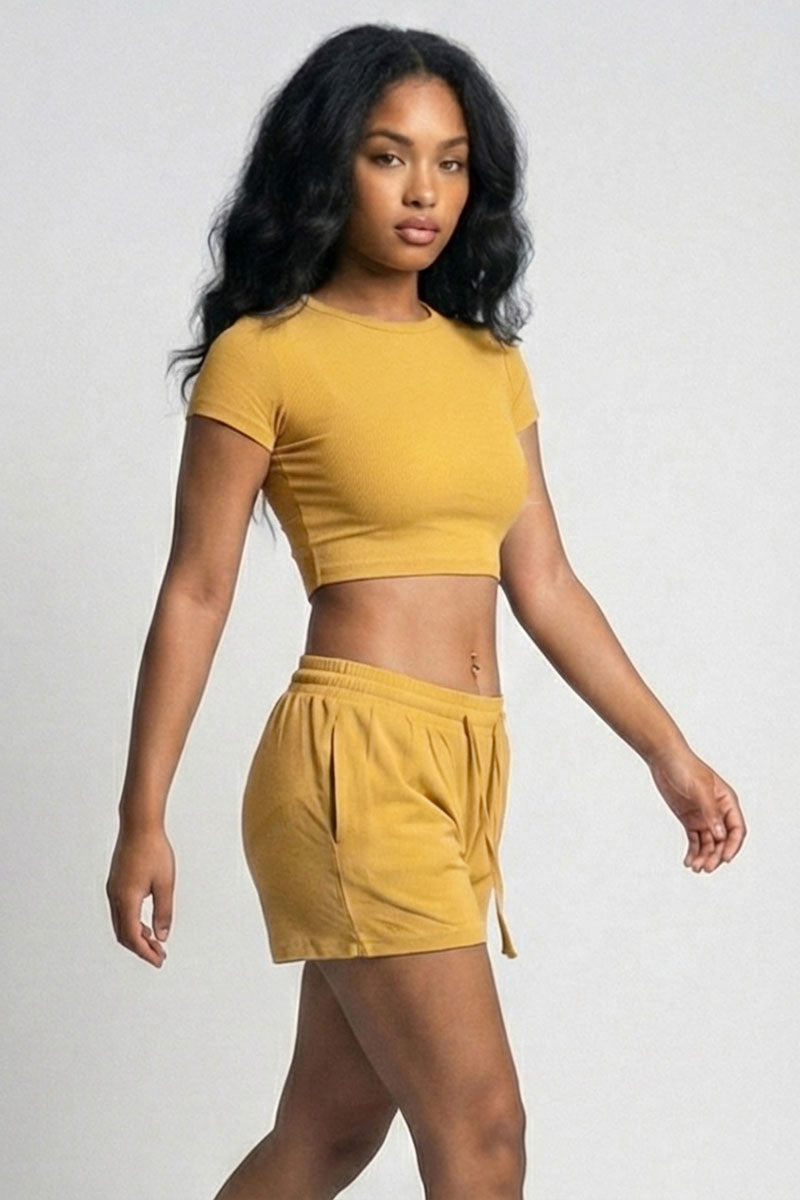 Ribbed Knit Drawstring Lounge Shorts Set
