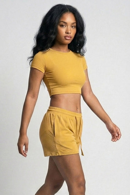 Ribbed Knit Drawstring Lounge Shorts Set