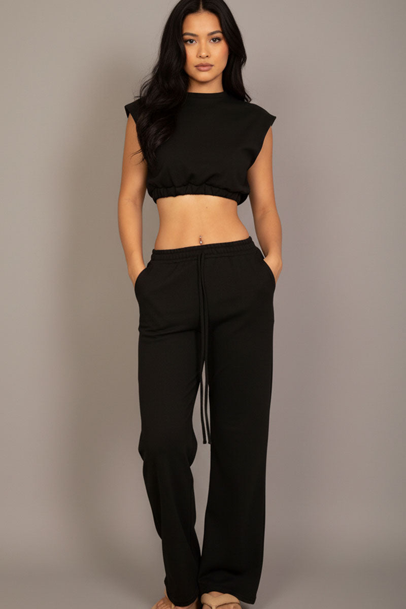 Elastic Hem Crop Top & Wide Leg Pants Set with Faux Drawstring