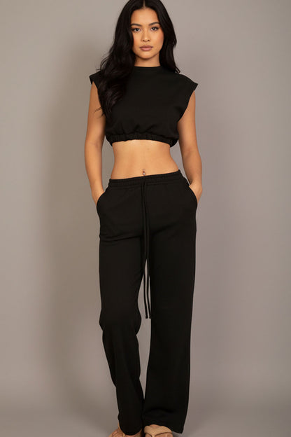 Elastic Hem Crop Top & Wide Leg Pants Set with Faux Drawstring