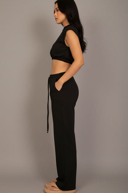 Elastic Hem Crop Top & Wide Leg Pants Set with Faux Drawstring