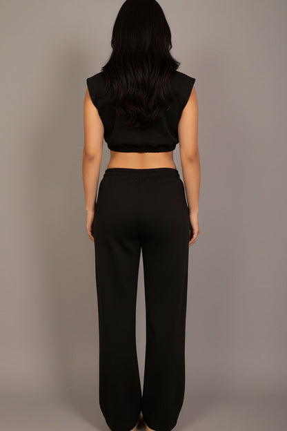 Elastic Hem Crop Top & Wide Leg Pants Set with Faux Drawstring