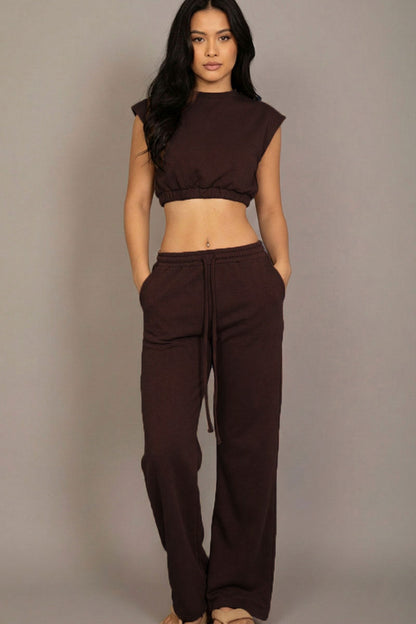 Elastic Hem Crop Top & Wide Leg Pants Set with Faux Drawstring