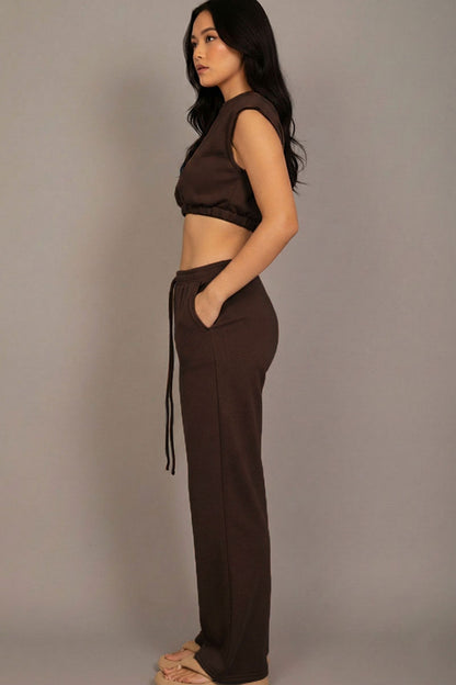 Elastic Hem Crop Top & Wide Leg Pants Set with Faux Drawstring