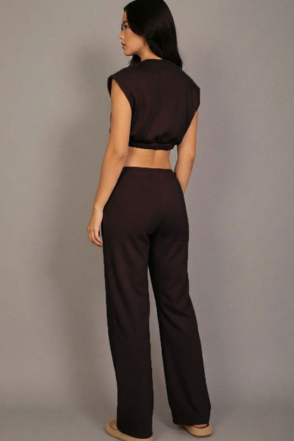 Elastic Hem Crop Top & Wide Leg Pants Set with Faux Drawstring