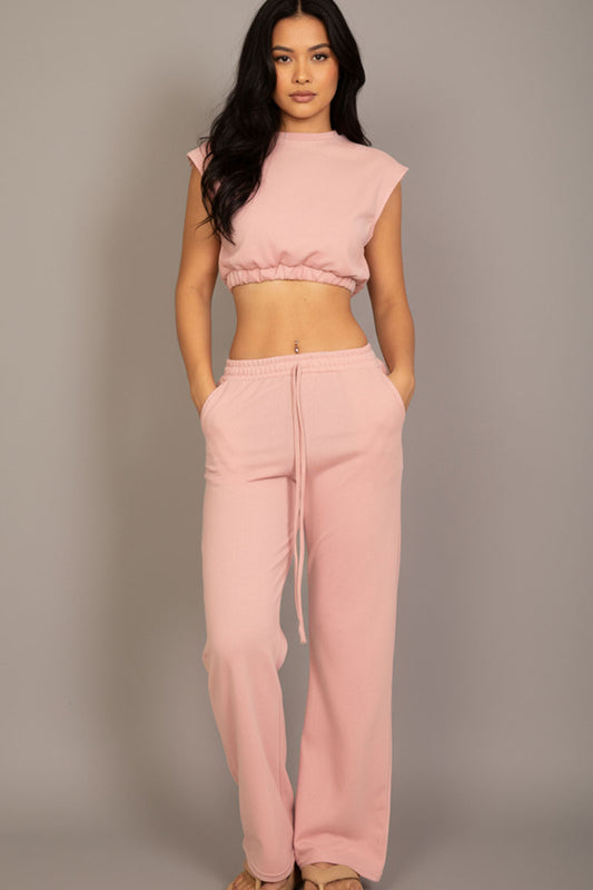 Elastic Hem Crop Top & Wide Leg Pants Set with Faux Drawstring
