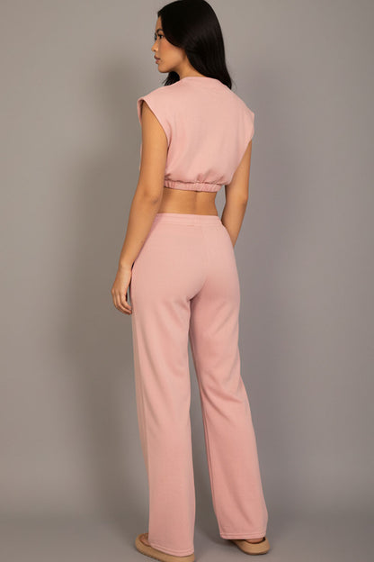 Elastic Hem Crop Top & Wide Leg Pants Set with Faux Drawstring