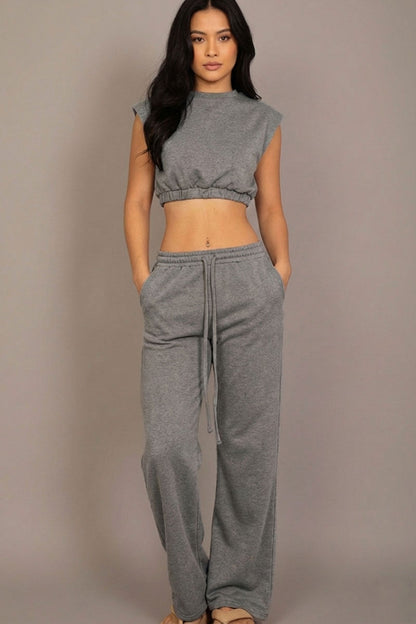 Elastic Hem Crop Top & Wide Leg Pants Set with Faux Drawstring