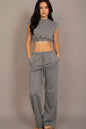 Elastic Hem Crop Top & Wide Leg Pants Set with Faux Drawstring