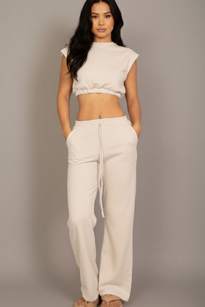 Elastic Hem Crop Top & Wide Leg Pants Set with Faux Drawstring