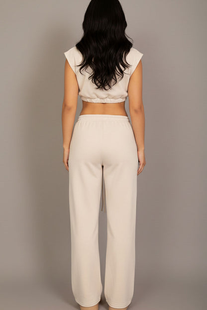 Elastic Hem Crop Top & Wide Leg Pants Set with Faux Drawstring