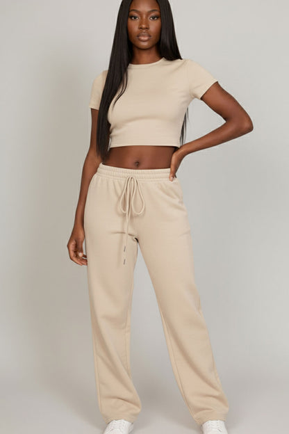 2-Piece Crop Tee & Wide Leg Lounge Pants Set