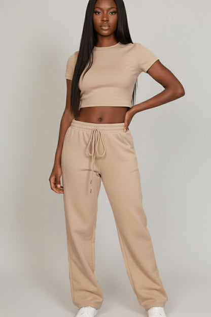 2-Piece Crop Tee & Wide Leg Lounge Pants Set