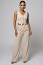 Tailored Button Vest with Adjustable Back Tie & Wide Leg Pants Set