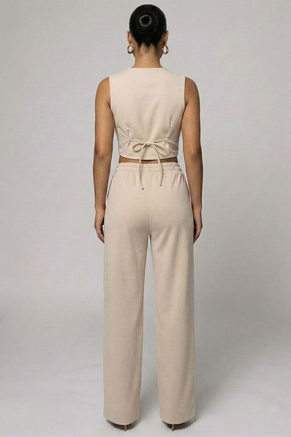 Tailored Button Vest with Adjustable Back Tie & Wide Leg Pants Set
