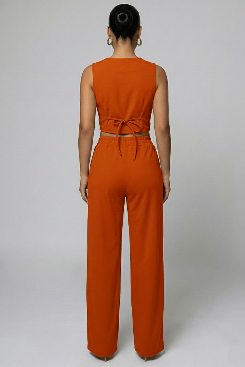 Tailored Button Vest with Adjustable Back Tie & Wide Leg Pants Set