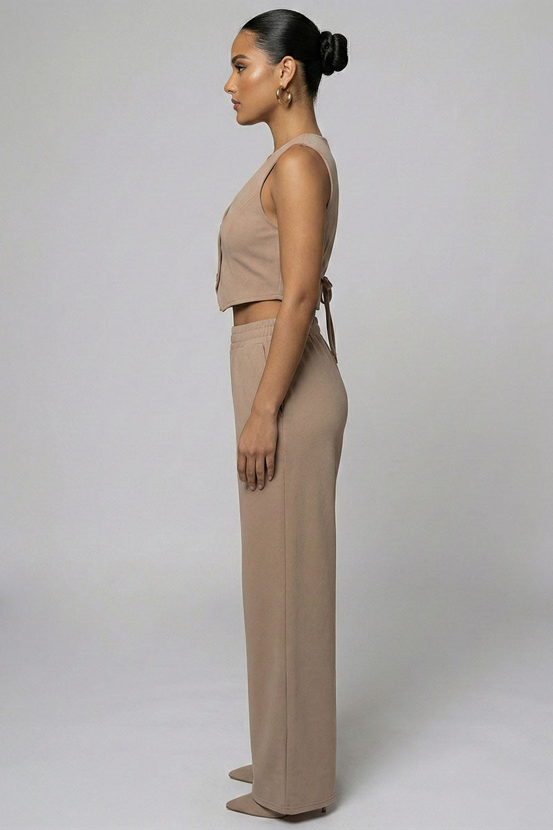 Tailored Button Vest with Adjustable Back Tie & Wide Leg Pants Set
