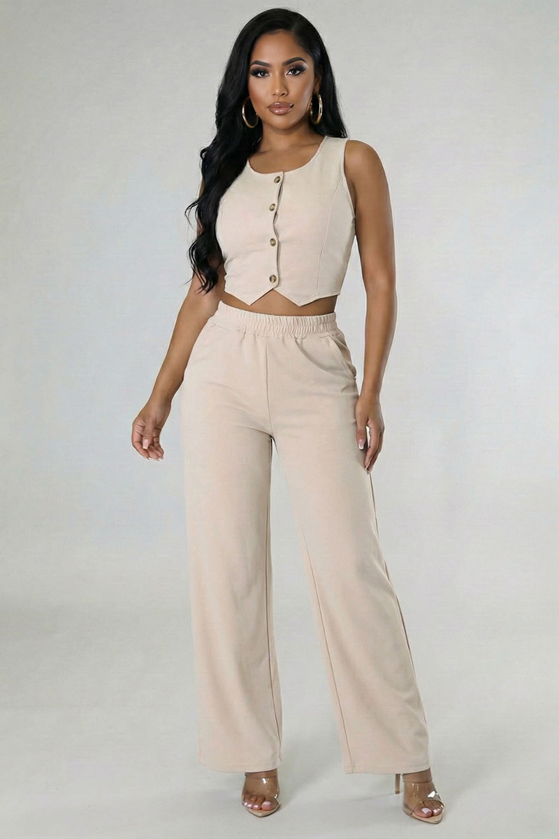 Scoop Neck Button Vest & Wide Leg Pants Set