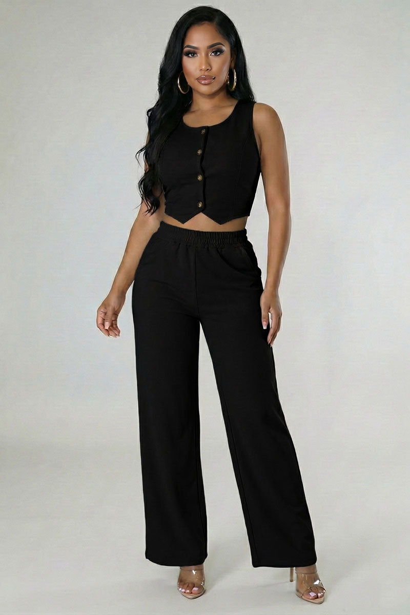 Scoop Neck Button Vest & Wide Leg Pants Set