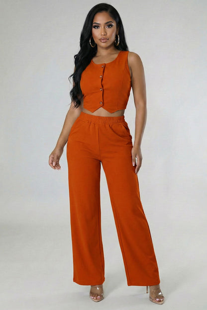 Scoop Neck Button Vest & Wide Leg Pants Set