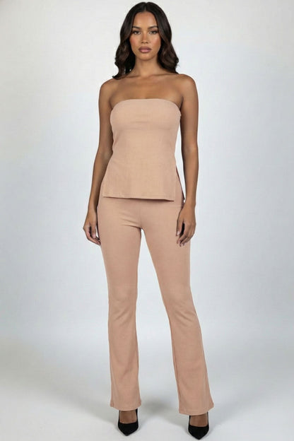 Ribbed Slit Tube Top & High-Waist Flare Pants Set