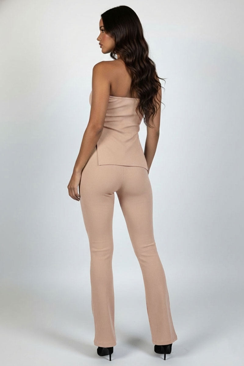 Ribbed Slit Tube Top & High-Waist Flare Pants Set
