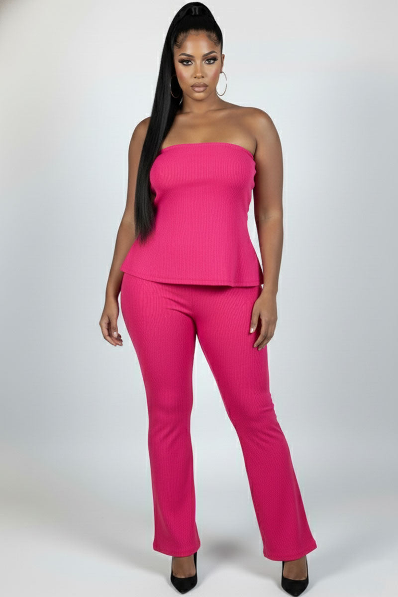 Plus Size Ultra-Fine Ribbed Slit Tube Top & High-Waist Flare Pants Set