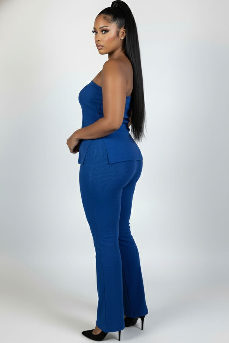 Plus Size Ultra-Fine Ribbed Slit Tube Top & High-Waist Flare Pants Set - ROYAL / 3X Plus Size Ultra-Fine Ribbed Slit Tube Top & High-Waist Flare Pants Set - ROYAL / 3X