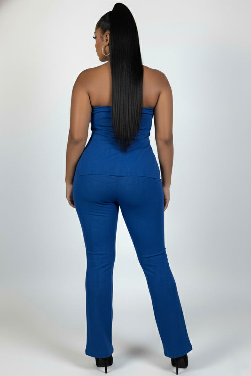 Plus Size Ultra-Fine Ribbed Slit Tube Top & High-Waist Flare Pants Set