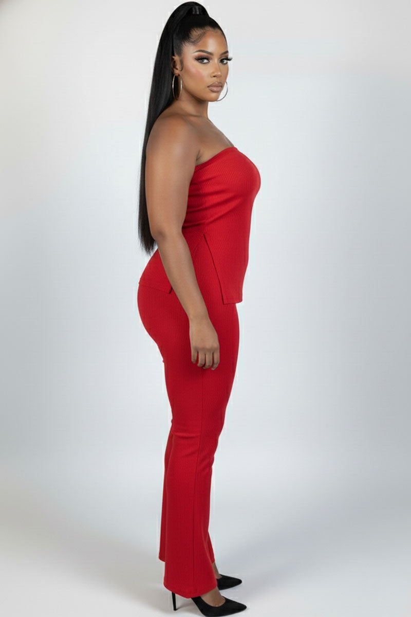 Plus Size Ultra-Fine Ribbed Slit Tube Top & High-Waist Flare Pants Set – Wholesale Capella Apparel
