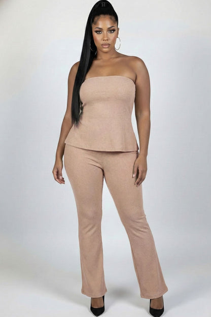 Plus Size Ultra-Fine Ribbed Slit Tube Top & High-Waist Flare Pants Set