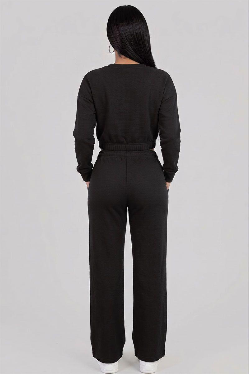 Cropped Long Sleeve Sweatshirt and Wide Leg Pants Lounge Set