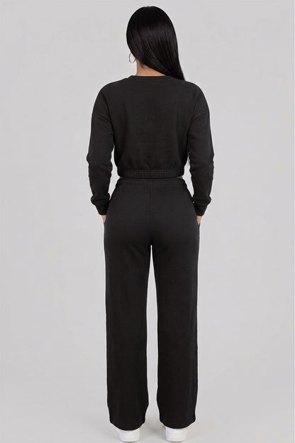Cropped Long Sleeve Sweatshirt and Wide Leg Pants Lounge Set
