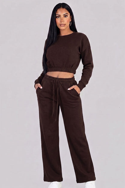 Cropped Long Sleeve Sweatshirt and Wide Leg Pants Lounge Set
