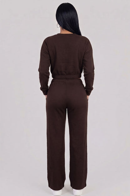 Cropped Long Sleeve Sweatshirt and Wide Leg Pants Lounge Set