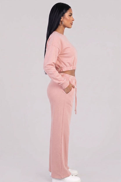 Cropped Long Sleeve Sweatshirt and Wide Leg Pants Lounge Set