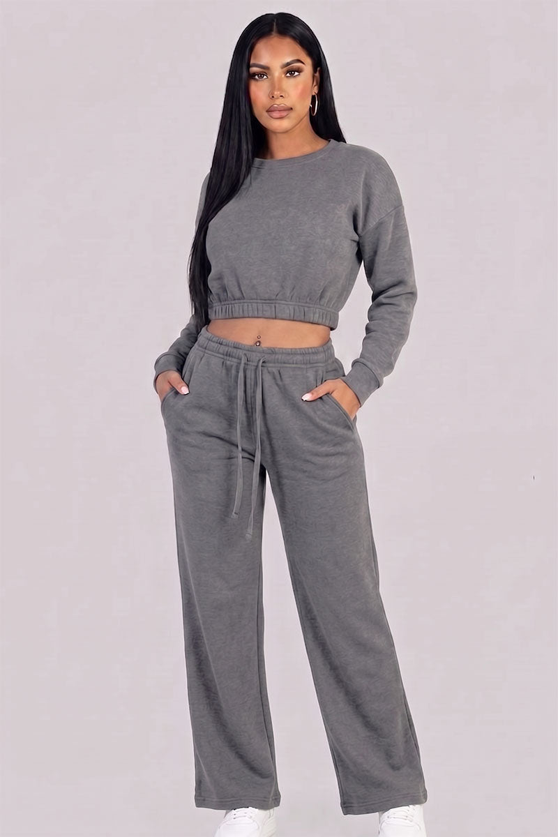 Cropped Long Sleeve Sweatshirt and Wide Leg Pants Lounge Set