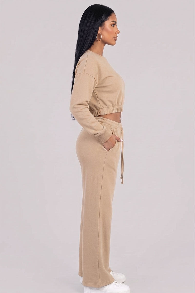 Cropped Long Sleeve Sweatshirt and Wide Leg Pants Lounge Set