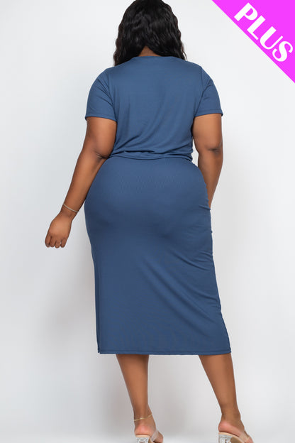 Plus Size Short Sleeve Ribbed Top & Midi Skirt Set - Capella Apparel Wholesale