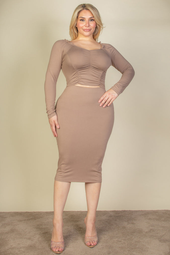 Plus Size Ruched Long Sleeve Top & Pencil Skirt Set - Capella Apparel