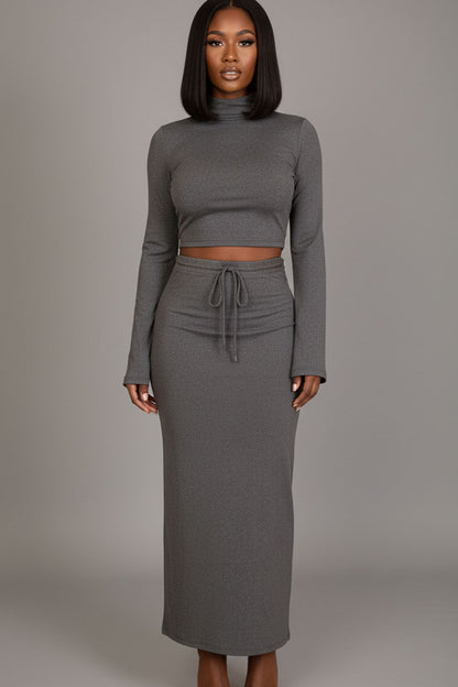 Mock Neck Bell Sleeve Crop Top & Maxi Skirt Set