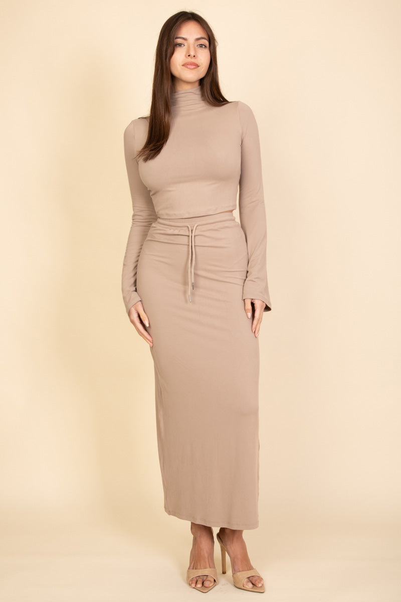 Mock Neck Bell Sleeve Crop Top & Maxi Skirt Set