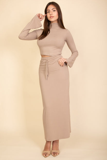 Mock Neck Bell Sleeve Crop Top & Maxi Skirt Set