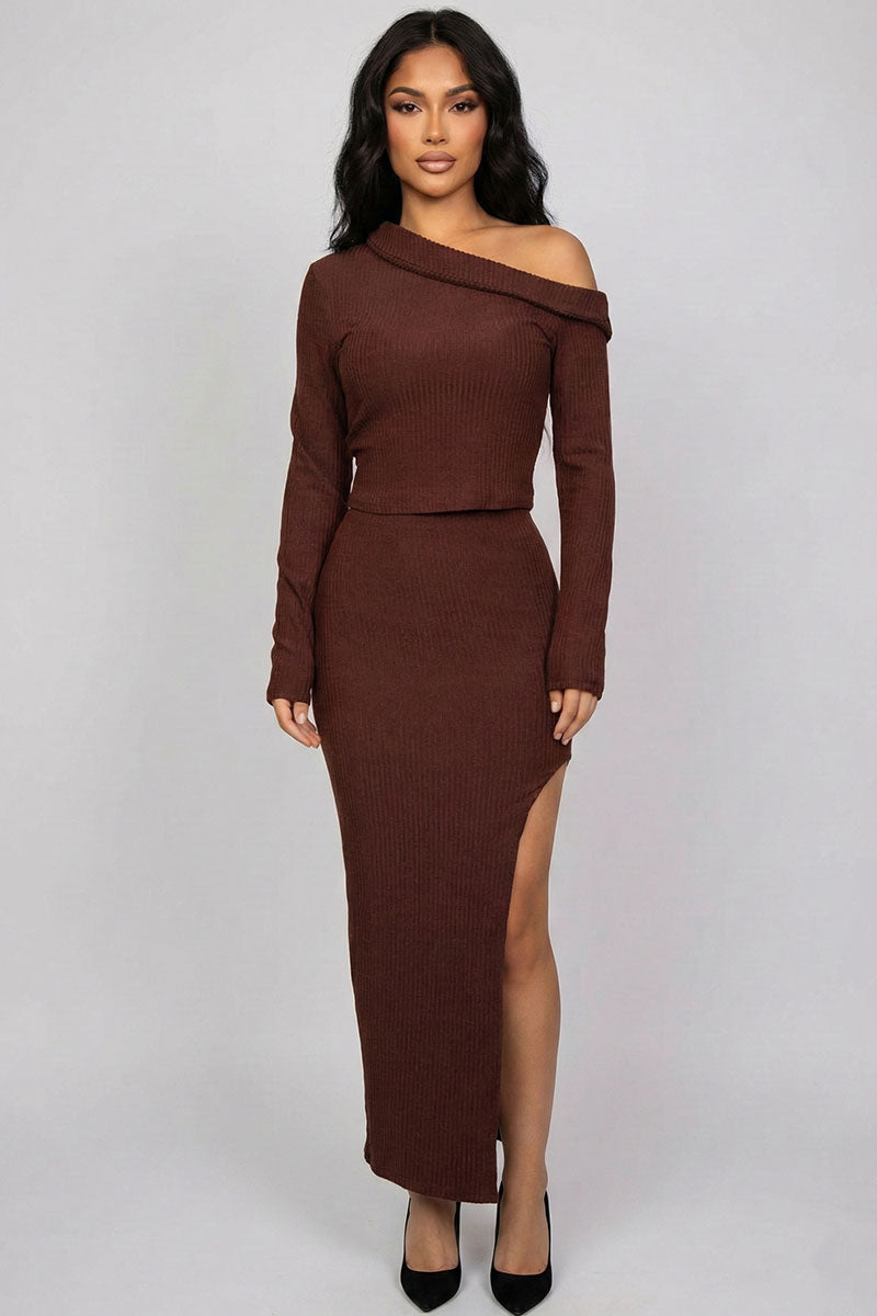Ribbed Knit Off-Shoulder Top & Maxi Skirt Set