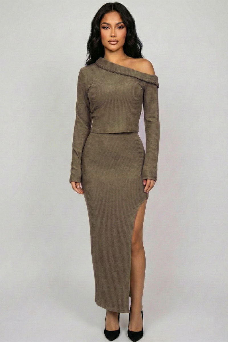 Ribbed Knit Off-Shoulder Top & Maxi Skirt Set