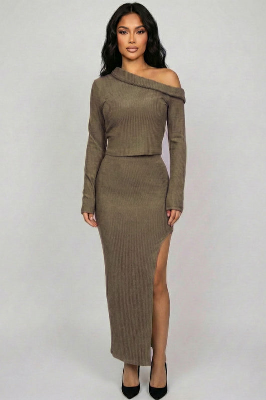 Ribbed Knit Off-Shoulder Top & Maxi Skirt Set