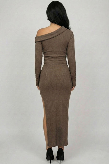 Ribbed Knit Off-Shoulder Top & Maxi Skirt Set